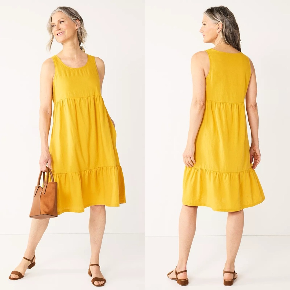 CROFT & BARROW Linen Tiered Sleeveless Swing Sundress Boho Dress Yellow Size M